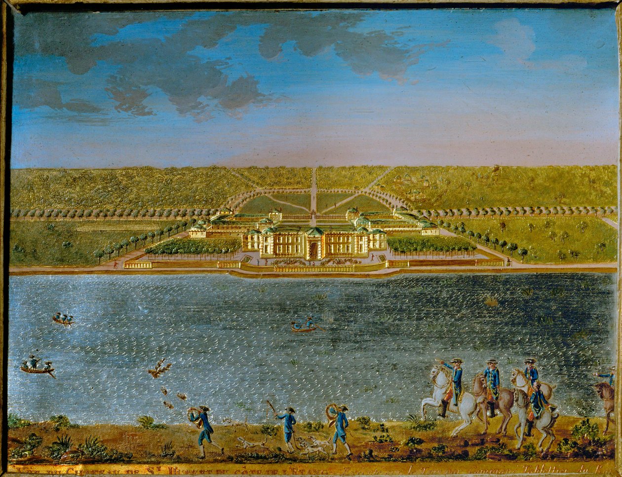 Hubert, un pavillon de chasse près de Paris, construit par Louis XV ... (plaque rectangulaire en étain, dorée et gouachée) - Compigne Compigne