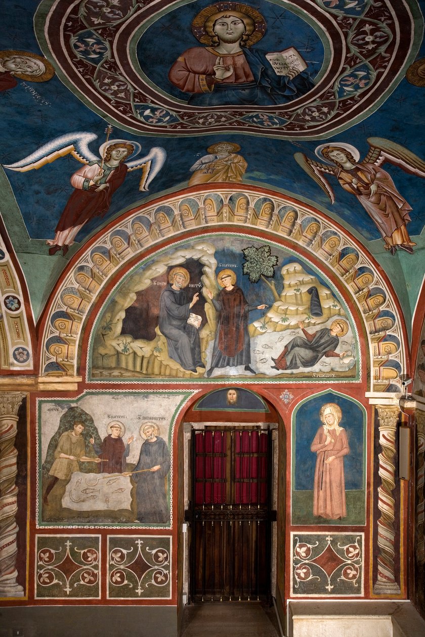 Différents épisodes de la vie de Saint Benoît : au centre « Le miracle de Saint Placide » Saint Benoît de Nursie, grâce à l