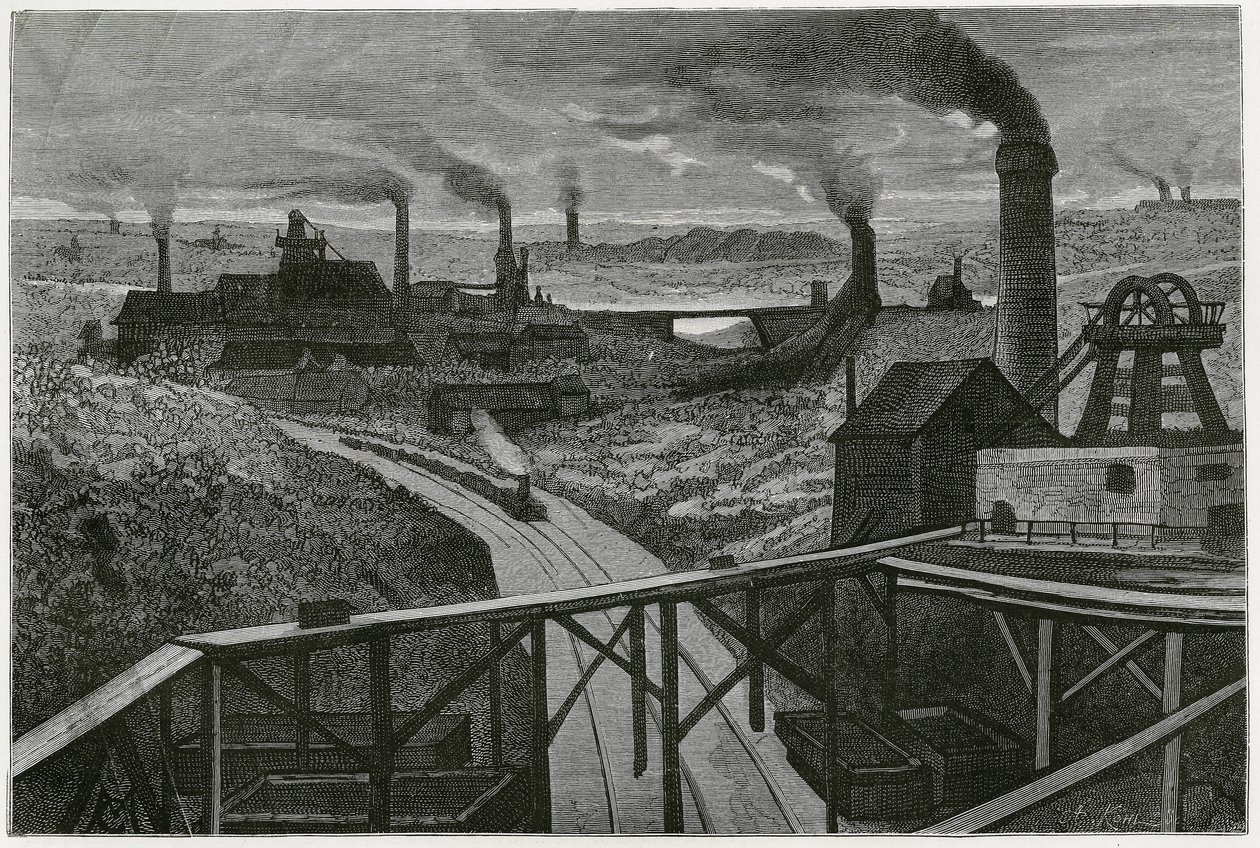 Exploitation minière et terrils. Gravure pour illustrer l