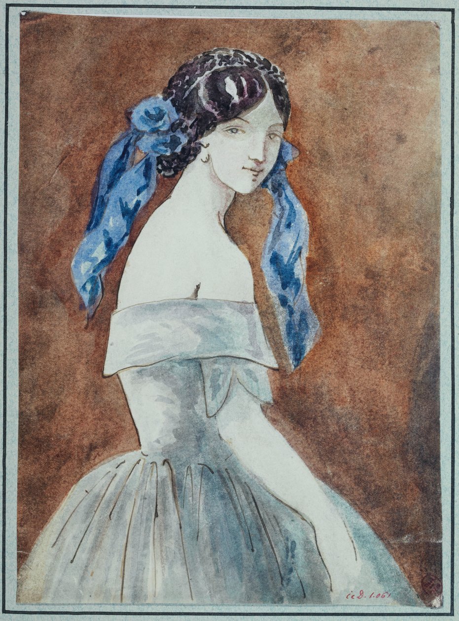 Étude de femme à mi-corps, robe décolletée, voile noué sur les cheveux - Constantin Guys