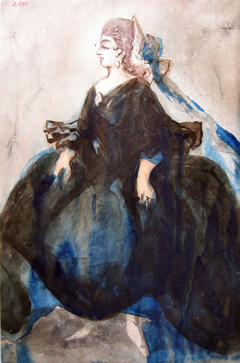 Étude de femme en pied de profil gauche, robe retroussée et coiffée d