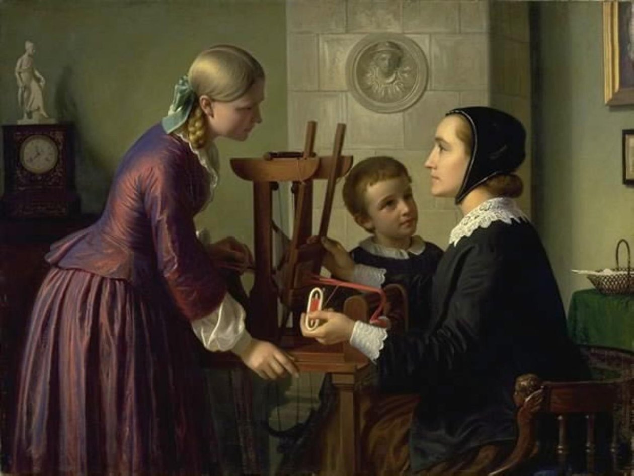 Une maîtresse de maison à son métier à tisser parlant avec deux enfants - Constantin Hansen
