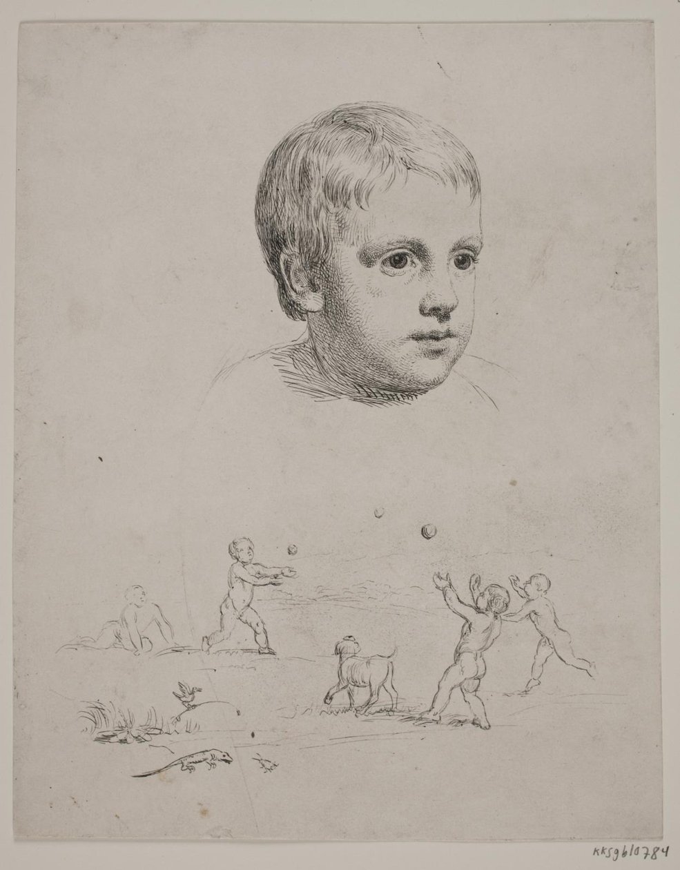 En haut portrait de T. N. Thiele enfant, en bas quatre garçons jouant à la balle - Constantin Hansen