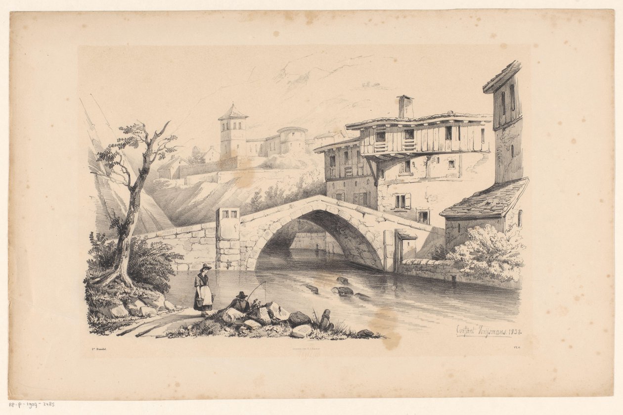 Pont sur une rivière dans un village de montagne (Le Paysage) - Constantinus Cornelis Huysmans