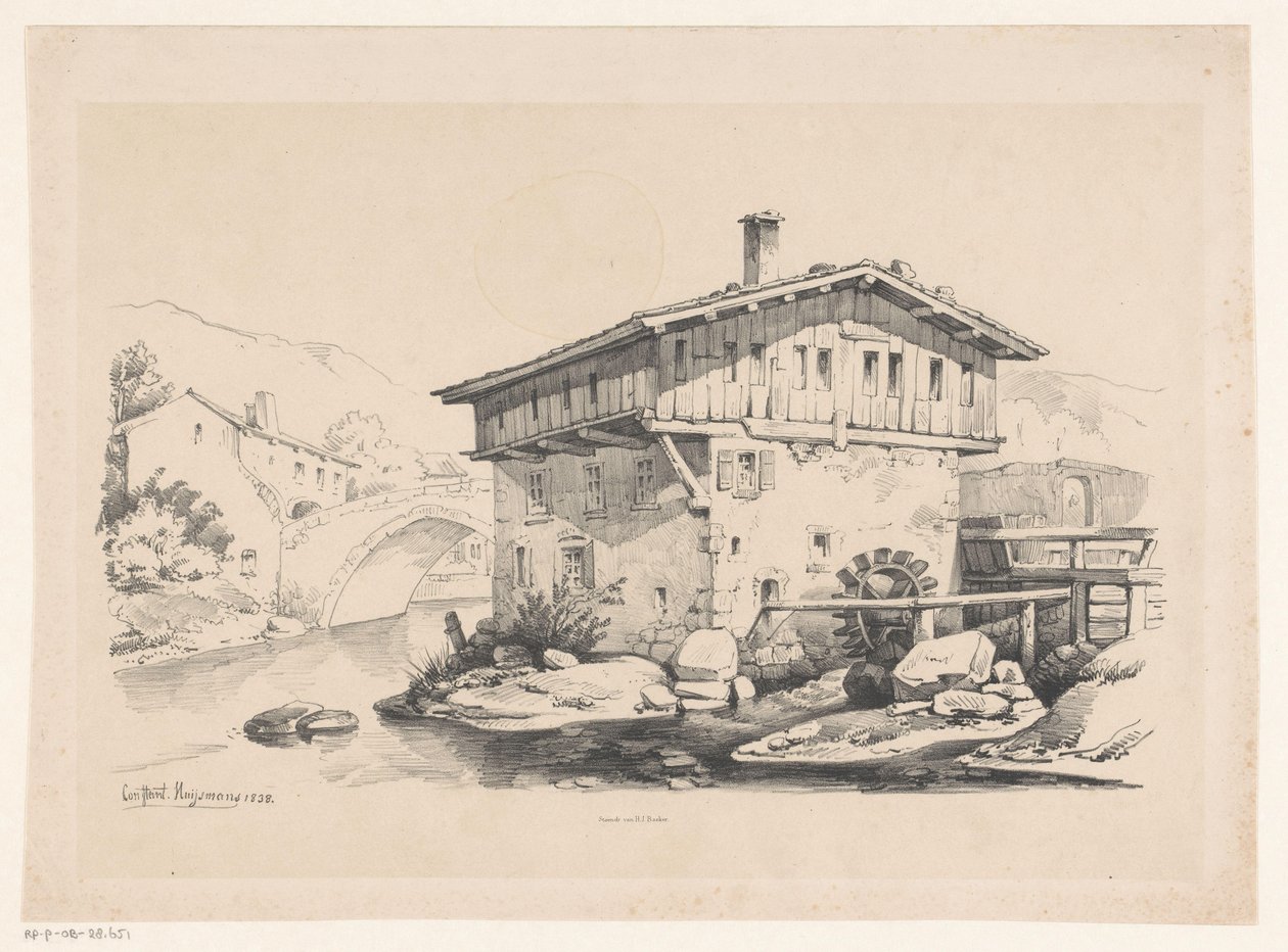 Maison et moulin à eau dans un village de montagne - Constantinus Cornelis Huysmans