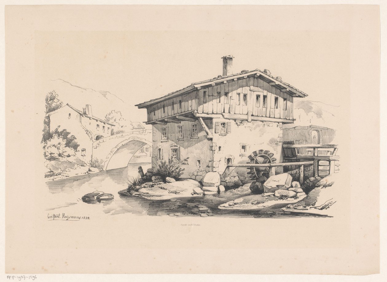 Maison et moulin à eau dans un village de montagne - Constantinus Cornelis Huysmans