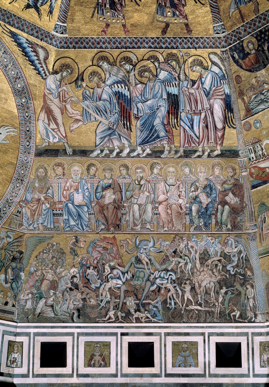 Le Jugement Dernier En bas, Satan dévore les âmes des damnés (détail des mosaïques, vers 1270) - Coppo di Marcovaldo