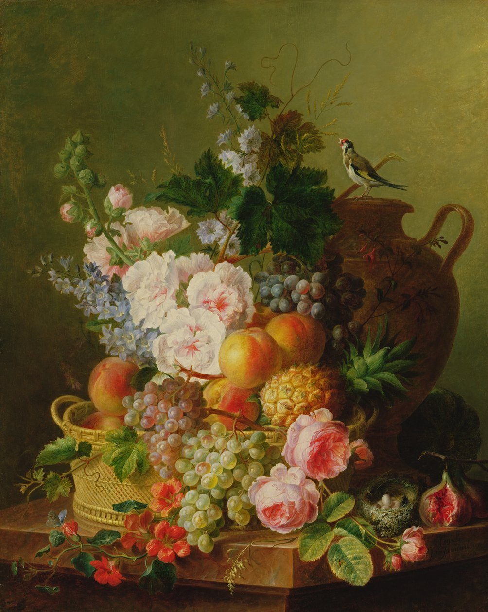 Nature morte de fruits et fleurs dans un panier en osier sur un rebord - Cornelis van Spaendonck