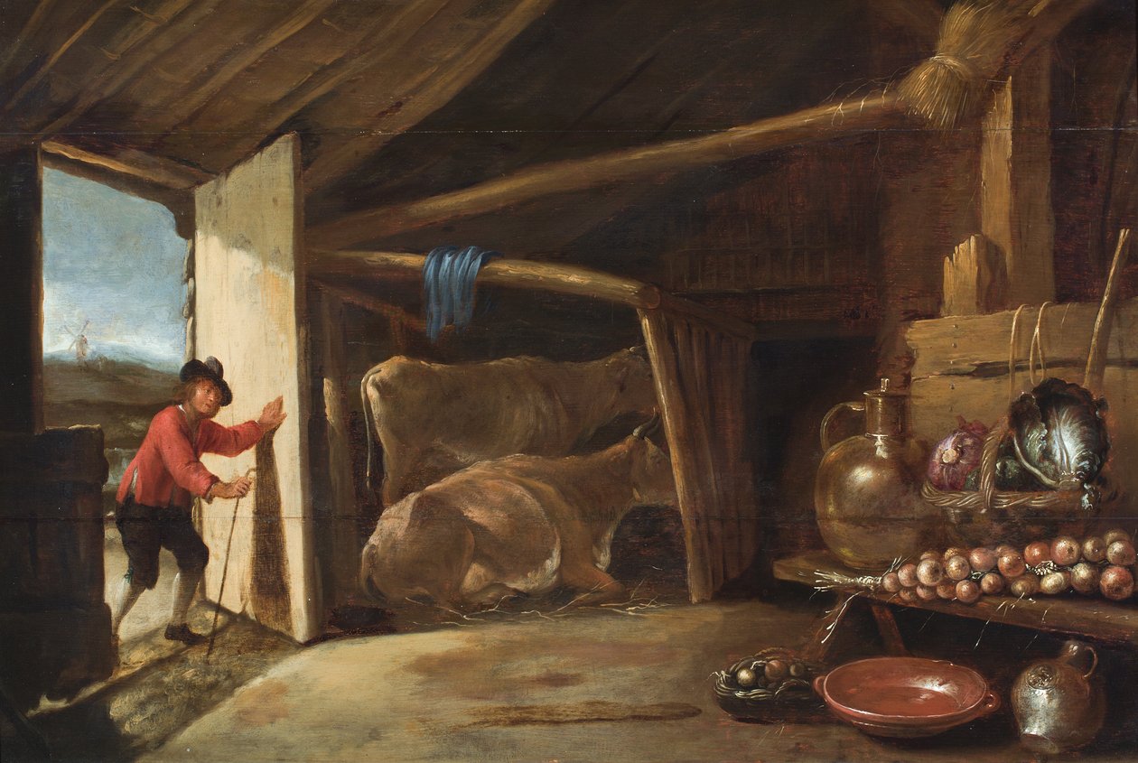 Un intérieur de grange avec un bouvier qui entre et une nature morte de légumes et de récipients en cuivre (huile sur panneau) - Cornelis (circle of) Saftleven