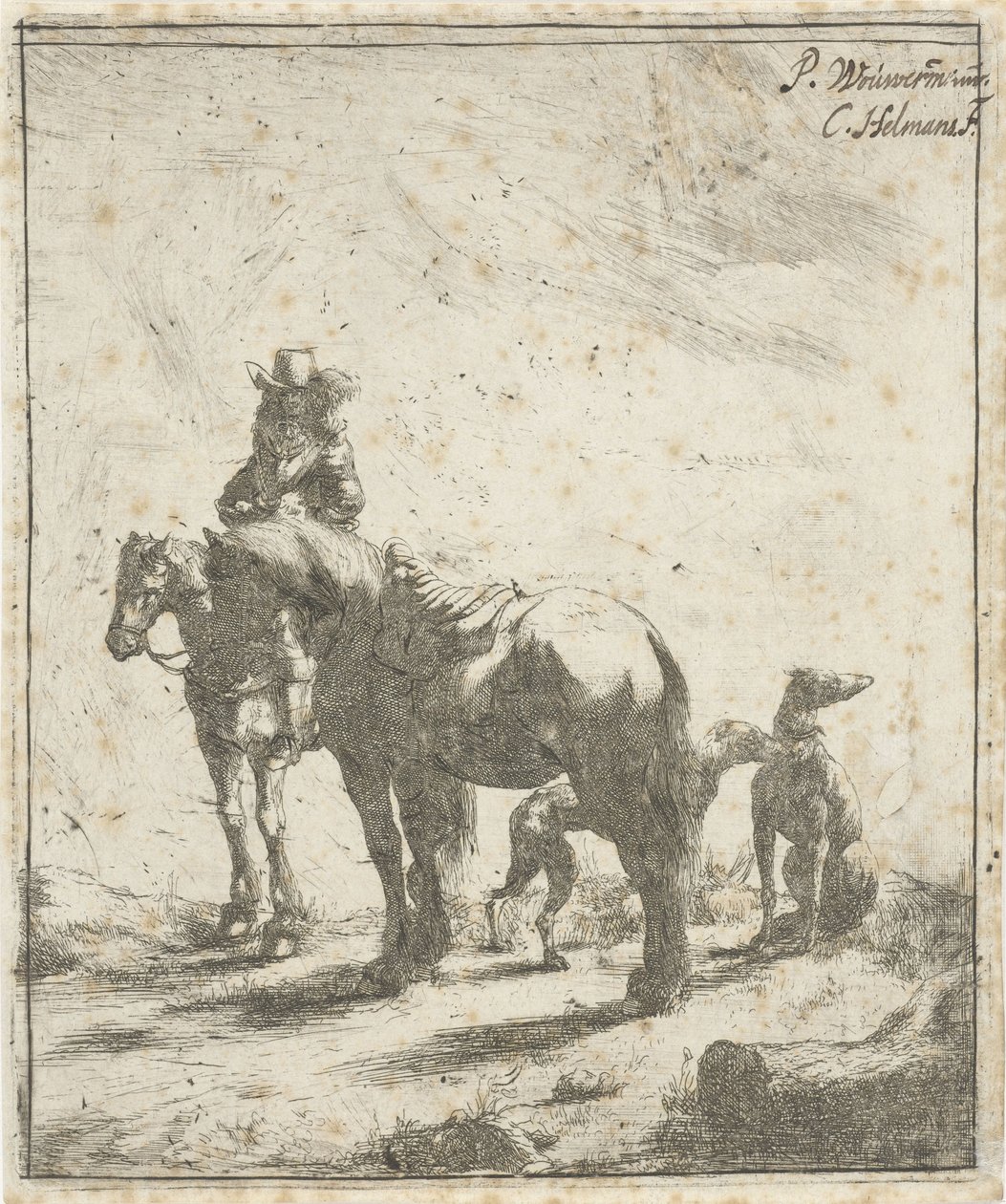 Cavalier avec deux chevaux et deux chiens - Cornelis A. Hellemans