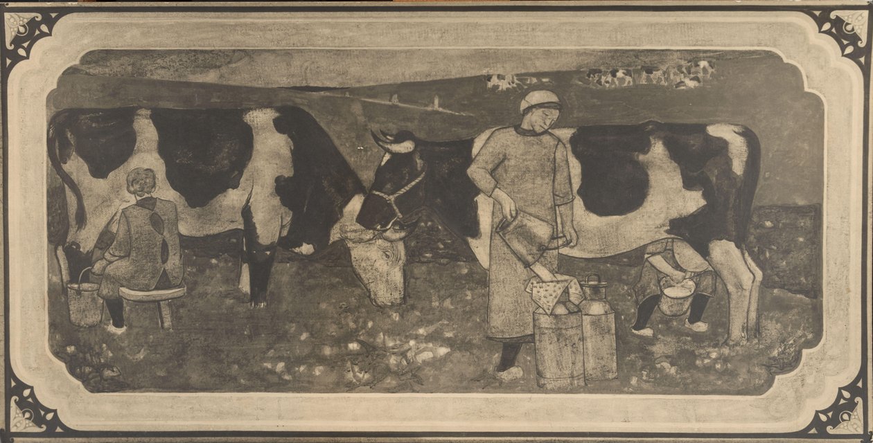 Photoreproduction de dessin de conception avec paysannes et vaches pour vitrail par Richard Roland Holst - Cornelis Albertus Deul