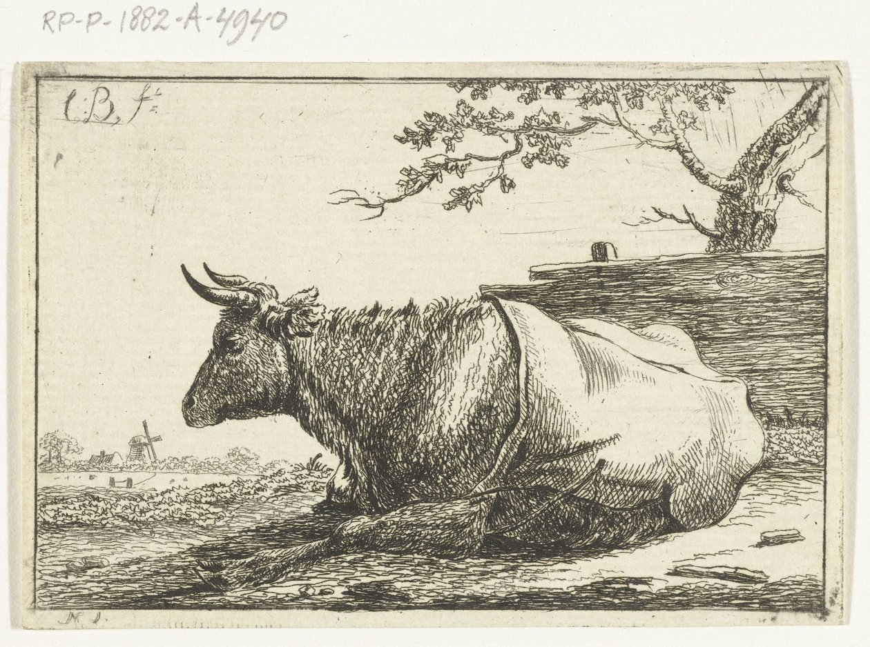 Paysage avec une vache couchée avec une couverture sur le dos - Cornelis  Bisschop
