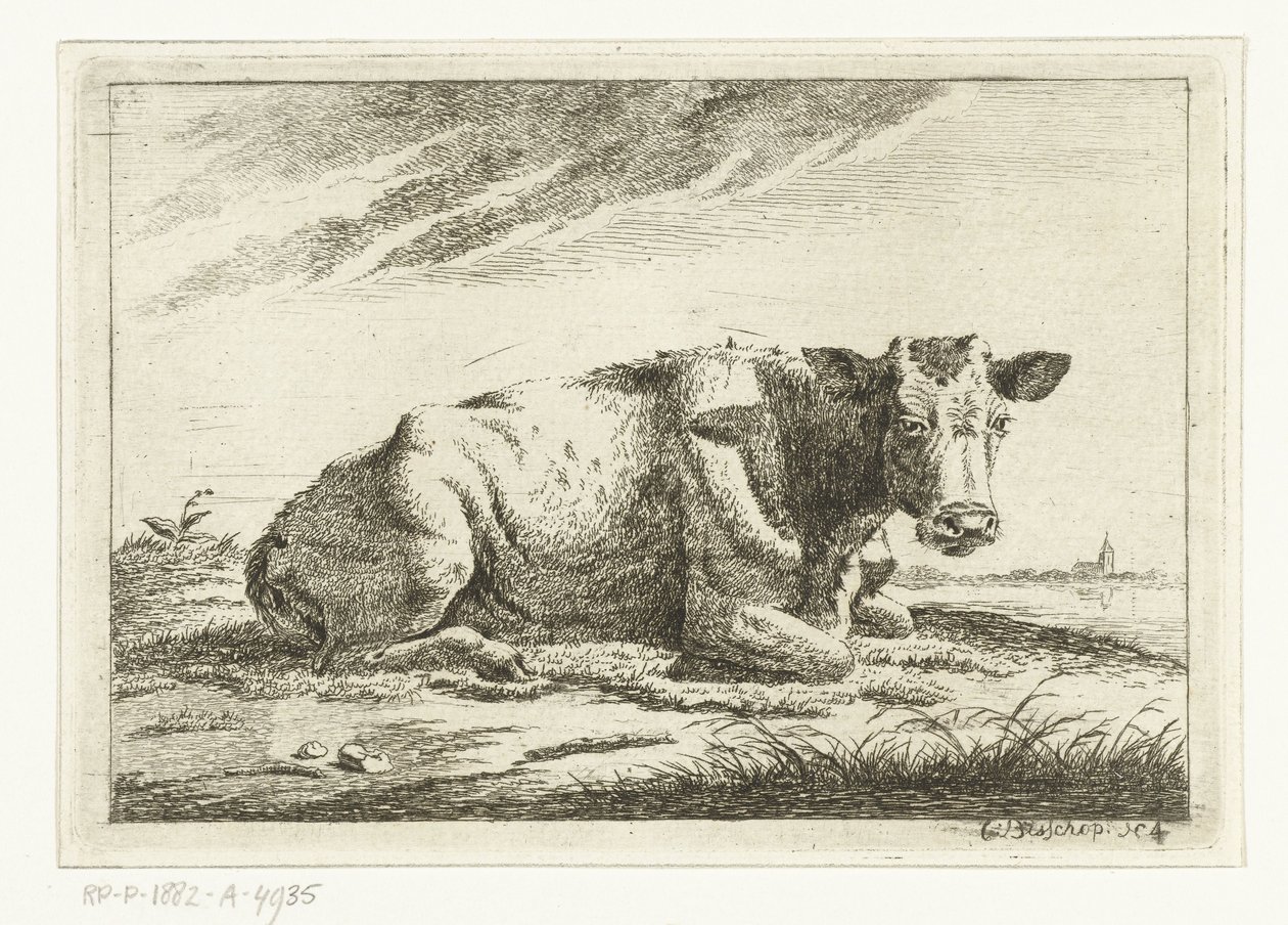 Paysage avec vache couchée sans cornes - Cornelis  Bisschop
