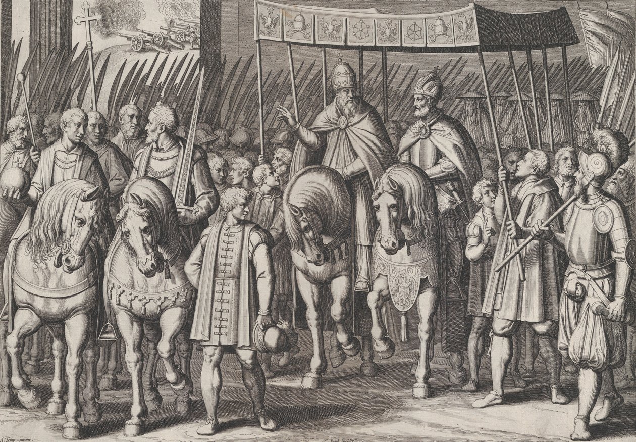 Planche 3 : Charles V couronné empereur entrant à Rome avec le Pape, des Triomphes de Charl... - Cornelis Boel