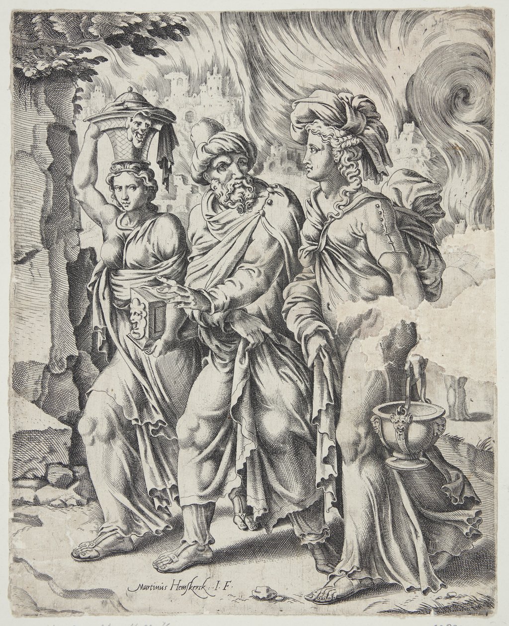 Loth et ses filles quittant Sodome en flammes - Cornelis Bos