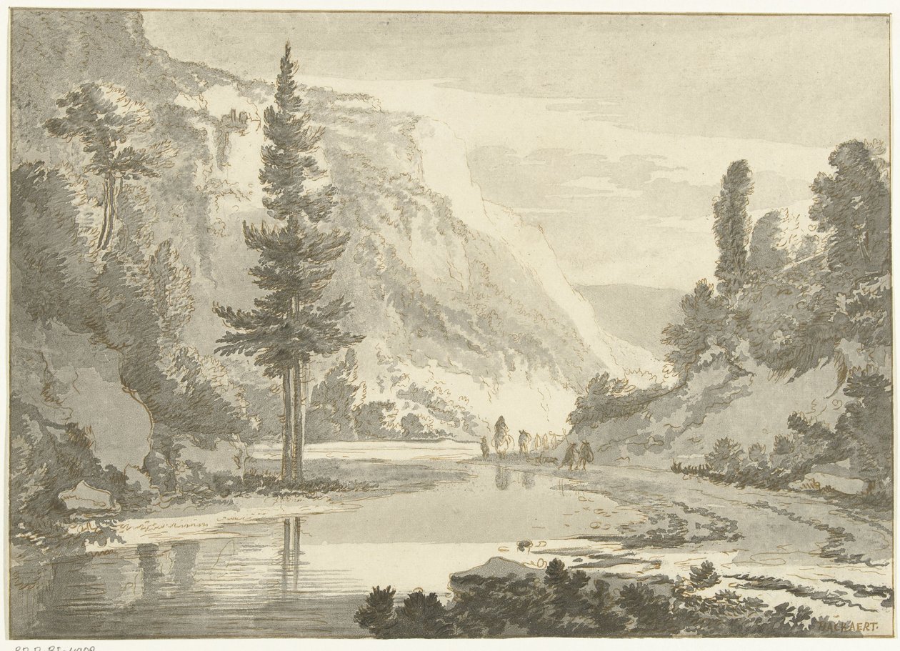Paysage de montagne avec bergers au bord d