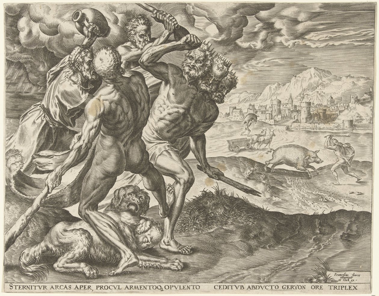 Hercule tue Géryon et son chien (Werken van Hercules) - Cornelis Cort