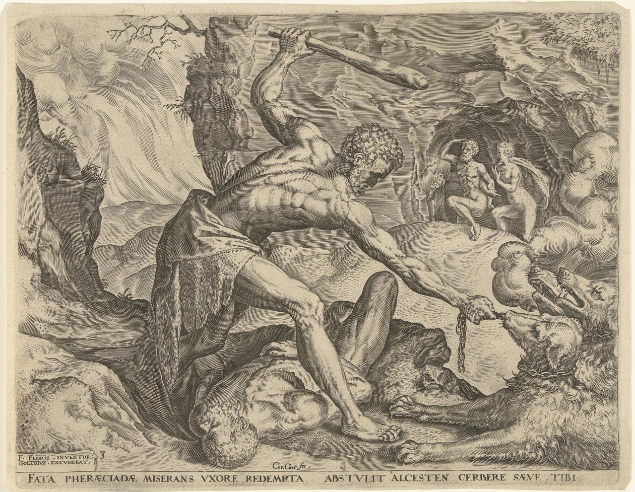 Hercule traînant Cerbère hors des enfers (Werken van Hercules) - Cornelis Cort