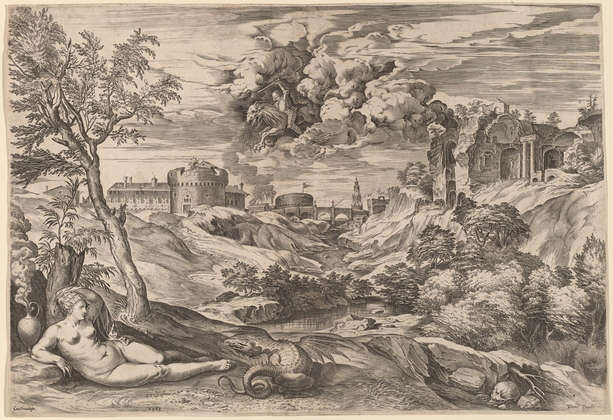 Paysage avec Roger libérant Angélique - Cornelis Cort after Titian