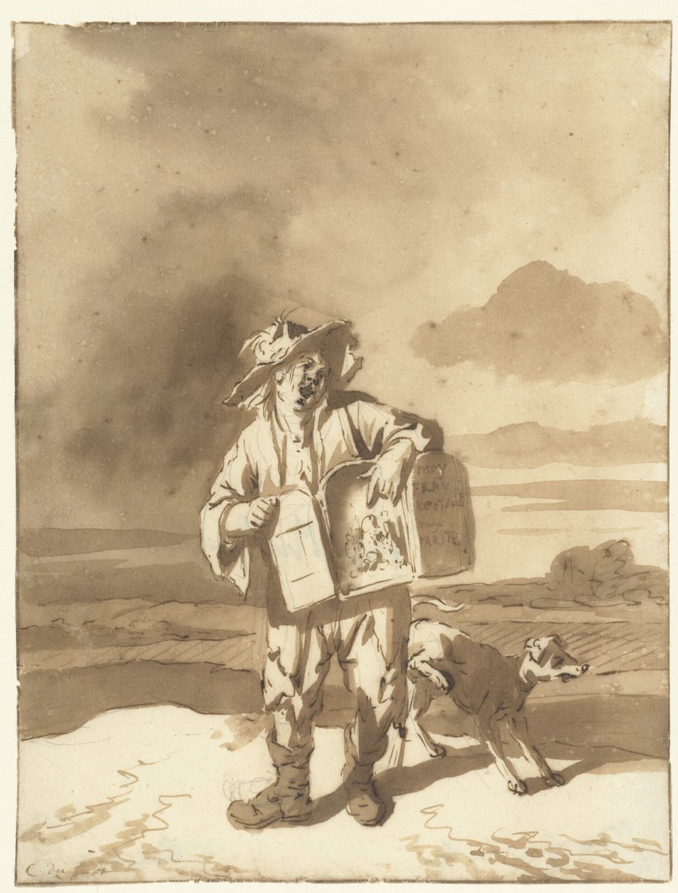 Jeune homme avec une boîte à images et un chien - Cornelis Dusart