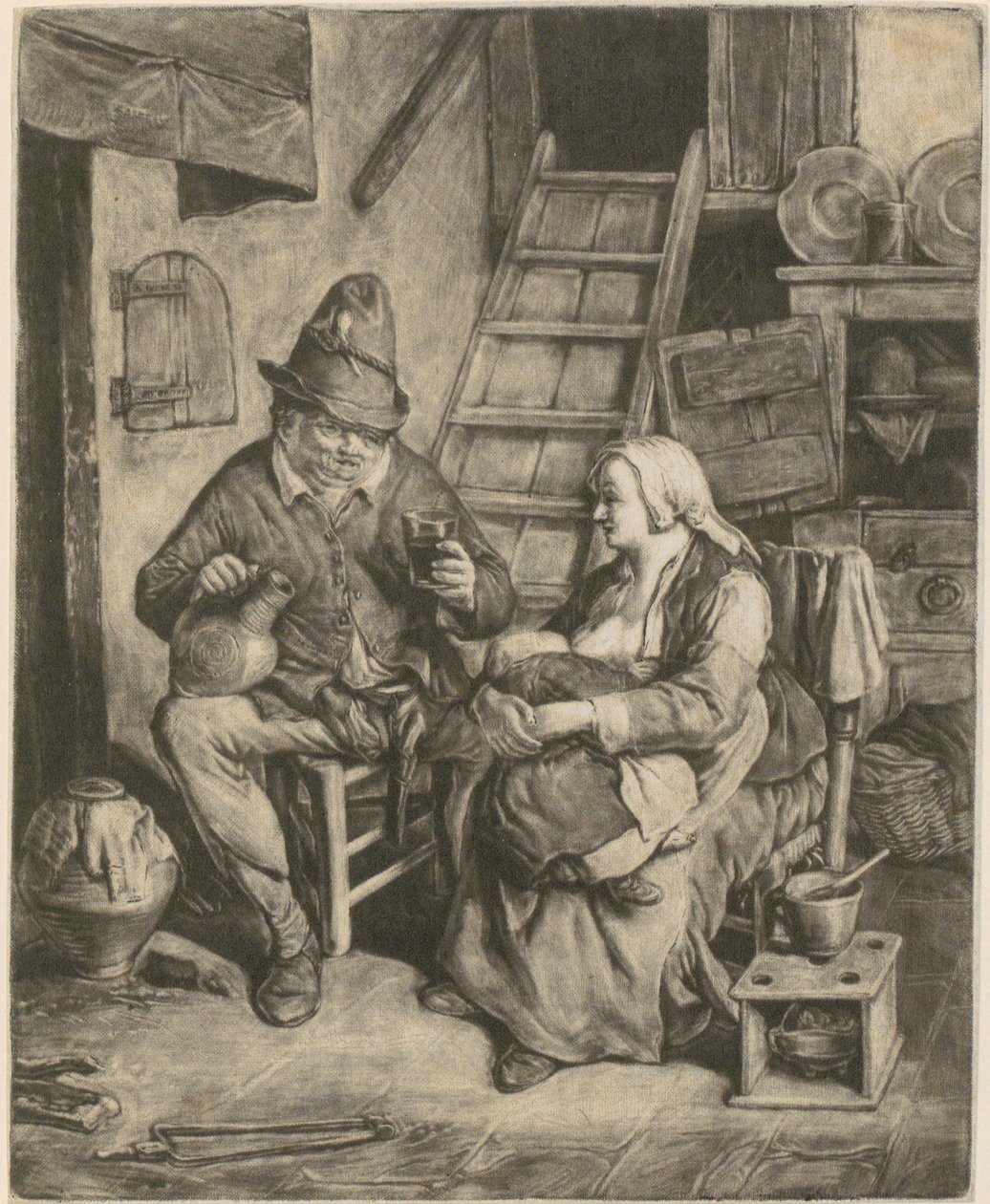 Un paysan dans une maison de campagne, à côté de lui une femme qui allaite - Cornelis Dusart