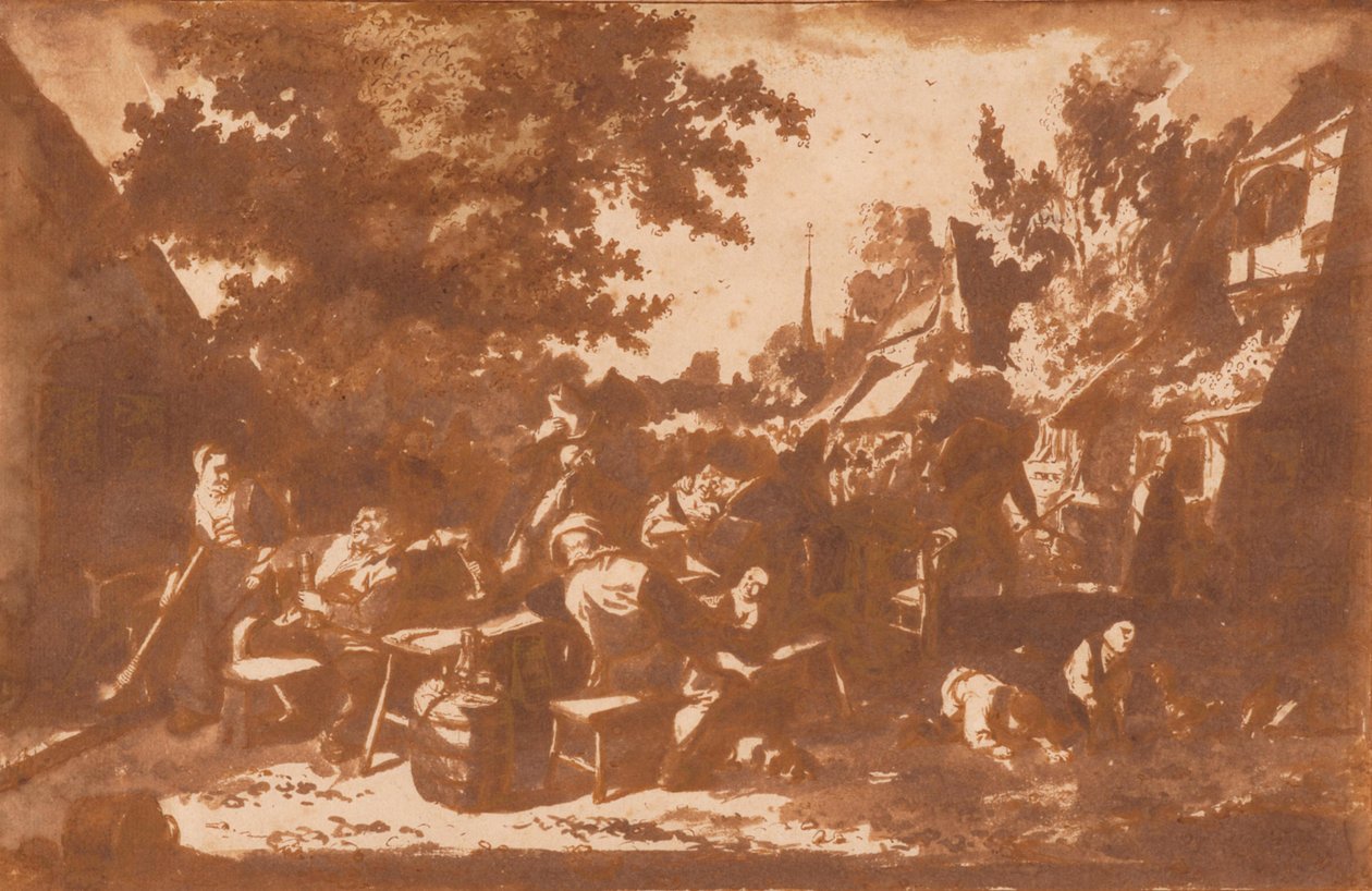 Une rue de village avec des paysans buvant - Cornelis Dusart