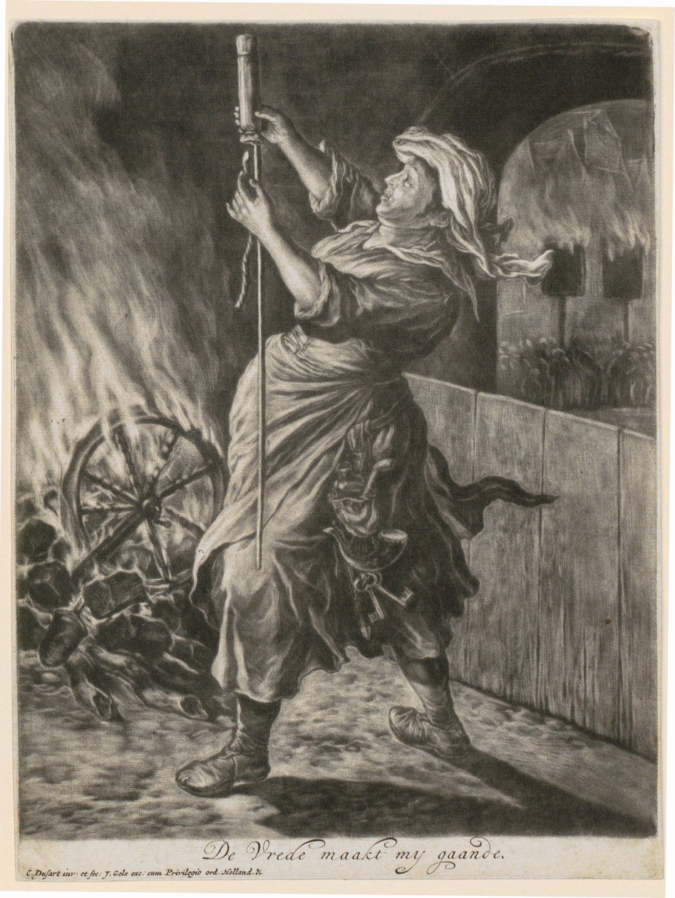 Une femme allume une fusée éclairante, planche 5 de la série «Joie générale lors du siège de Namur par Guillaume III, 1695» - Cornelis Dusart