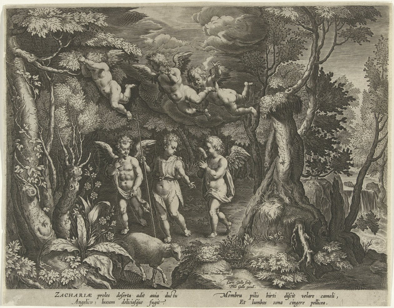 Jean-Baptiste accompagné par des anges entrant dans le désert (série La vie de Jean-Baptiste) - Cornelis Galle (I)
