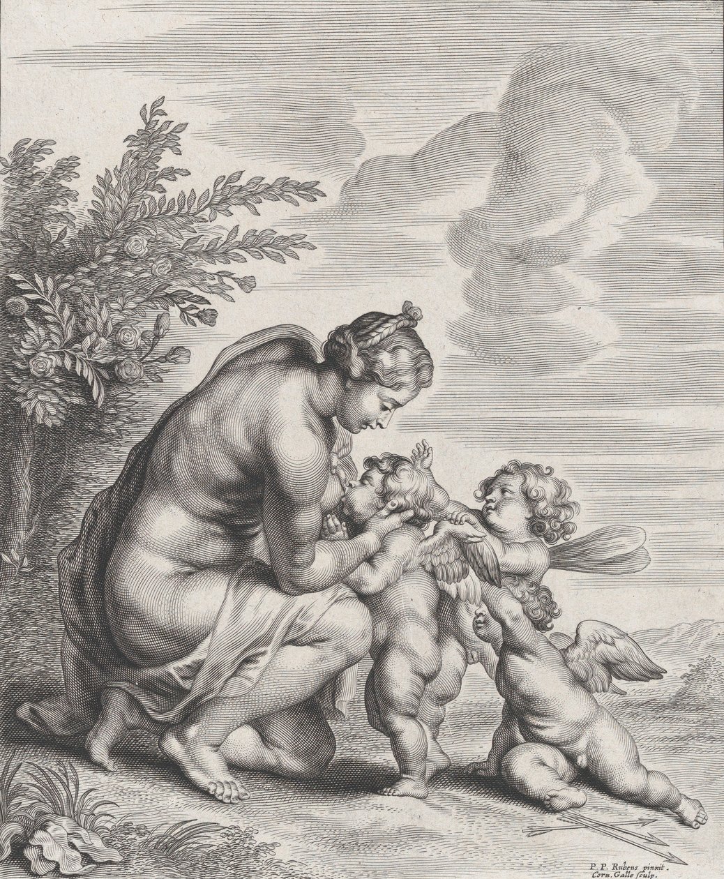 Vénus allaitant trois Cupidons dans un paysage - Cornelis Galle II