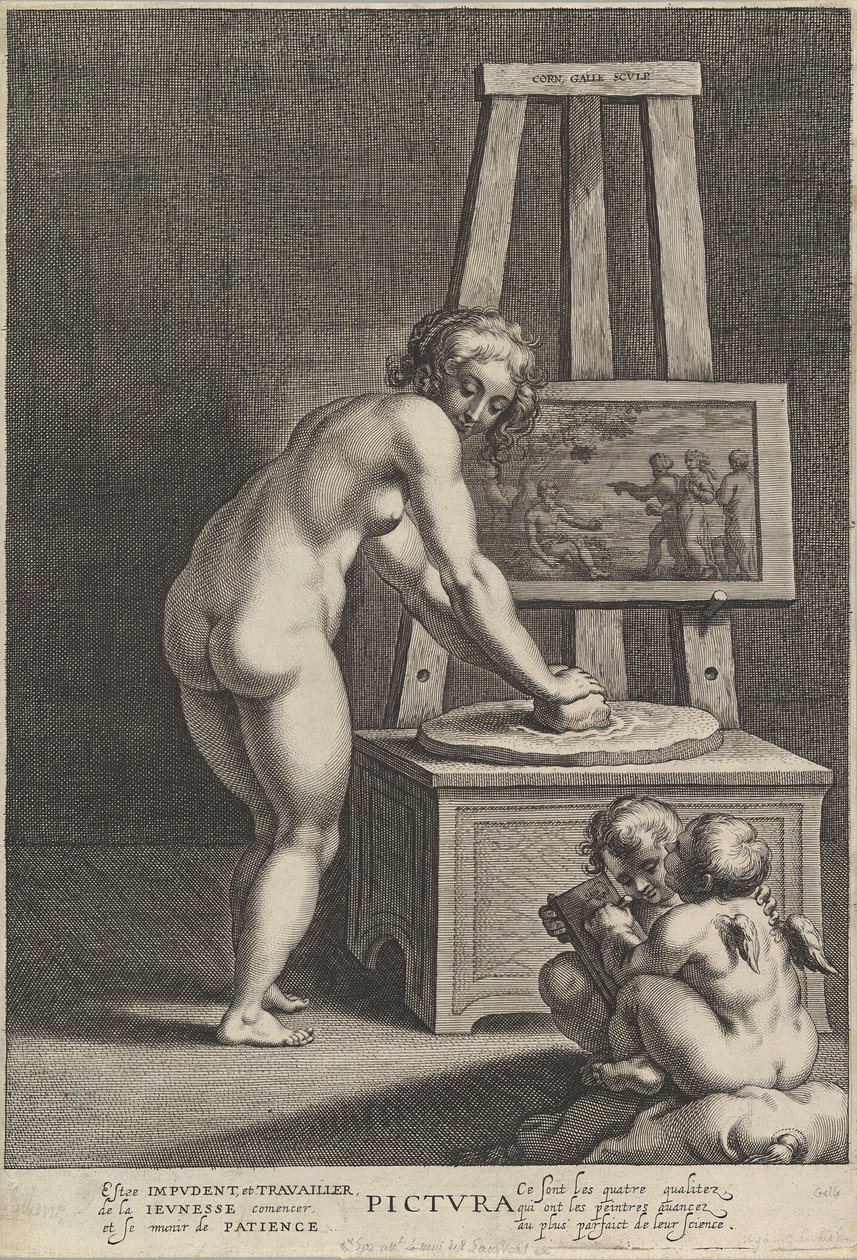 Pictura : allégorie de la peinture, avec une femme nue au centre broyant des pigments, deux p..., vers 1610-50 - Cornelis Galle I