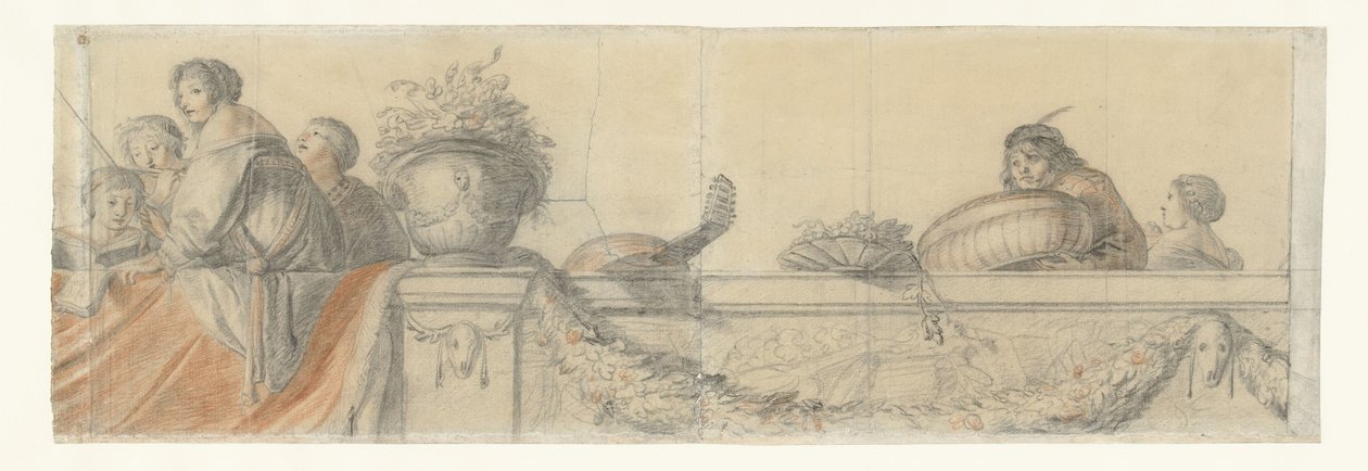 Personnes sur une balustrade avec festons (Ontwerpen voor wandschilderingen in kasteel Honselaersdijk) - Cornelis Holsteyn