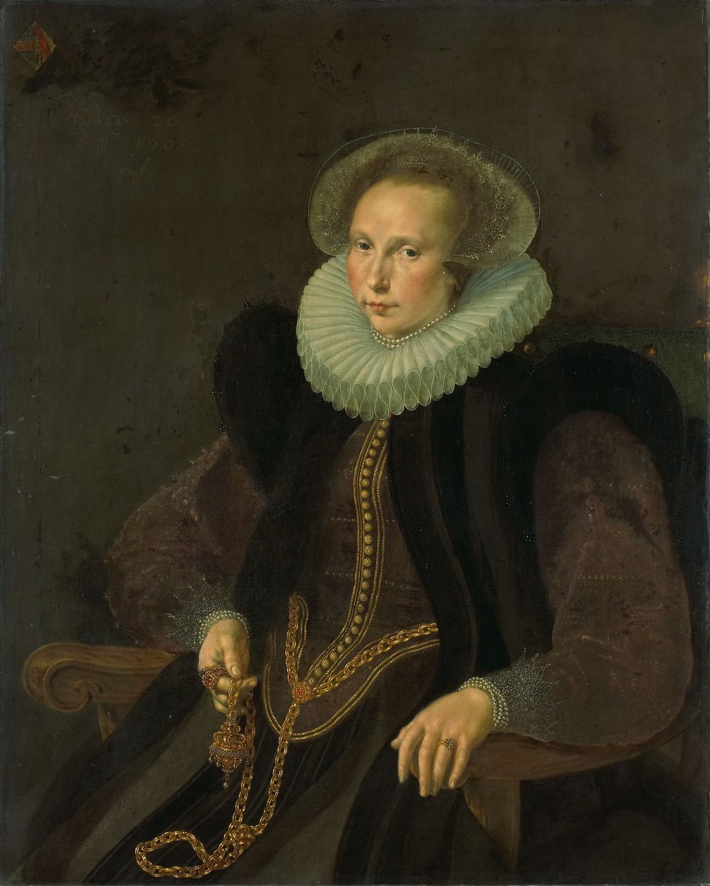 Néerlandais : Griete Jacobsdr van Rhijn (1585-1652). Épouse de Jacob Cornelisz Banjaert, dit van Neck Portrait de Griete Jacobsdr van Rhijn (1585-1652). Épouse de Jacob Cornelisz Banjaert, dit van Neck - Cornelis Ketel