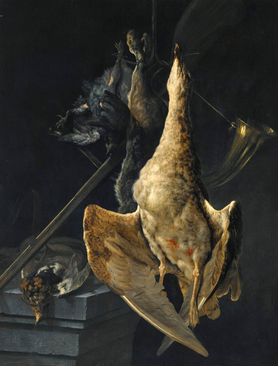 Nature morte de chasse avec une oie, un lièvre, un cor de chasse, un fusil et d
