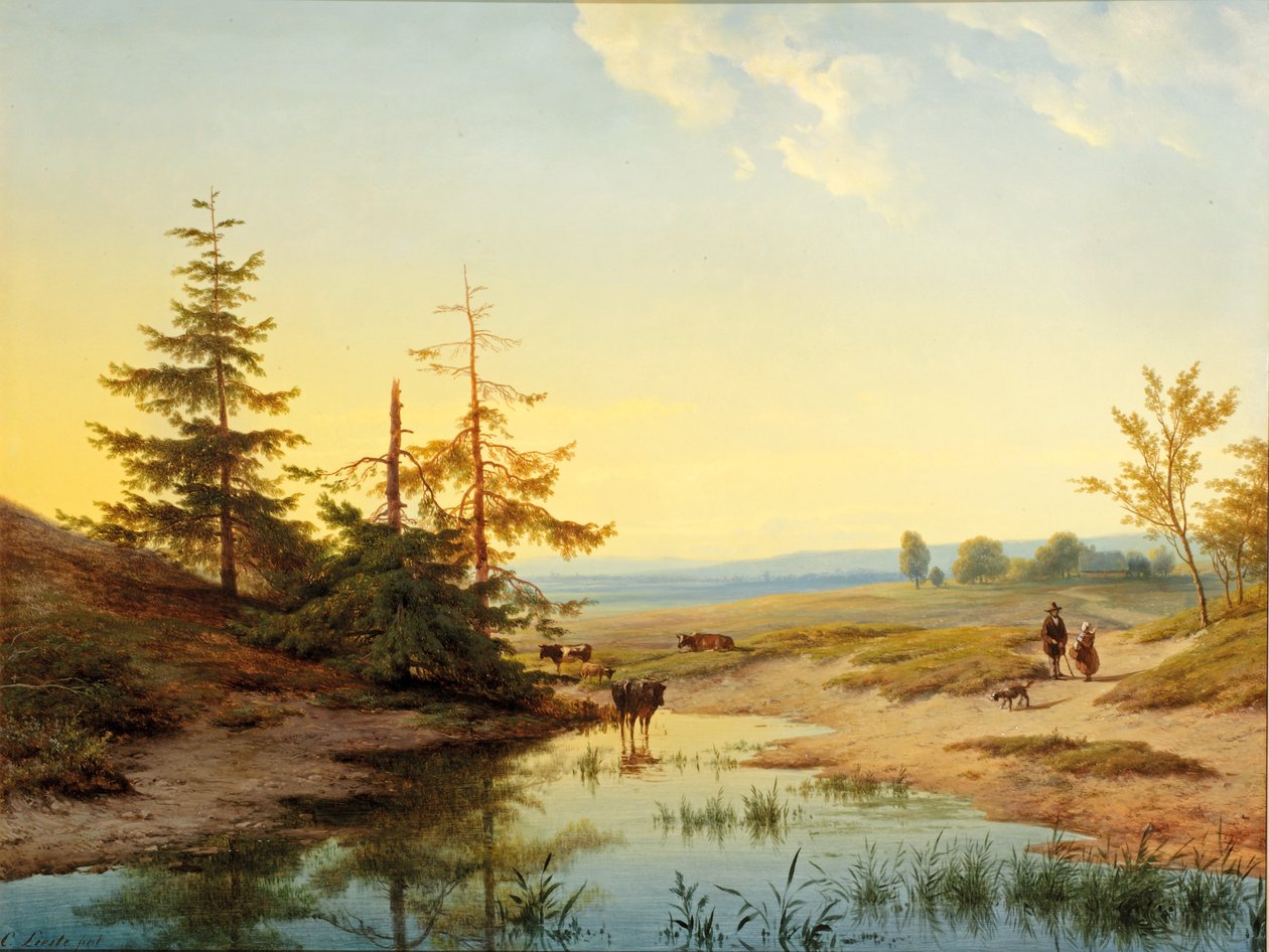 Une lande avec des personnages et du bétail près d