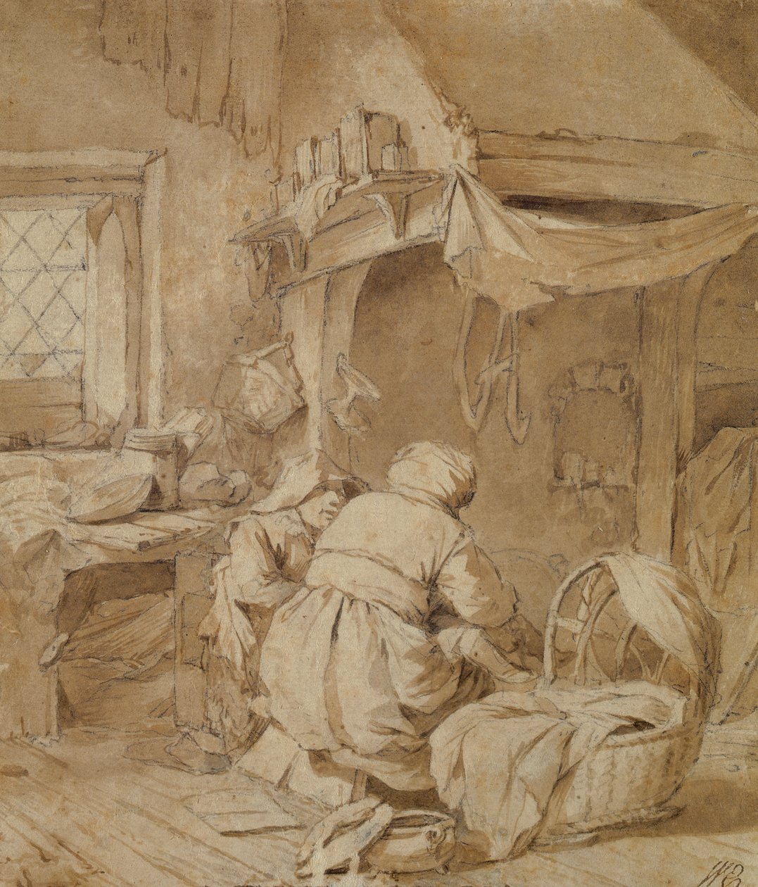 Salon de ferme avec fermier, berceau et enfant, c.1654 - Cornelis Pietersz Bega