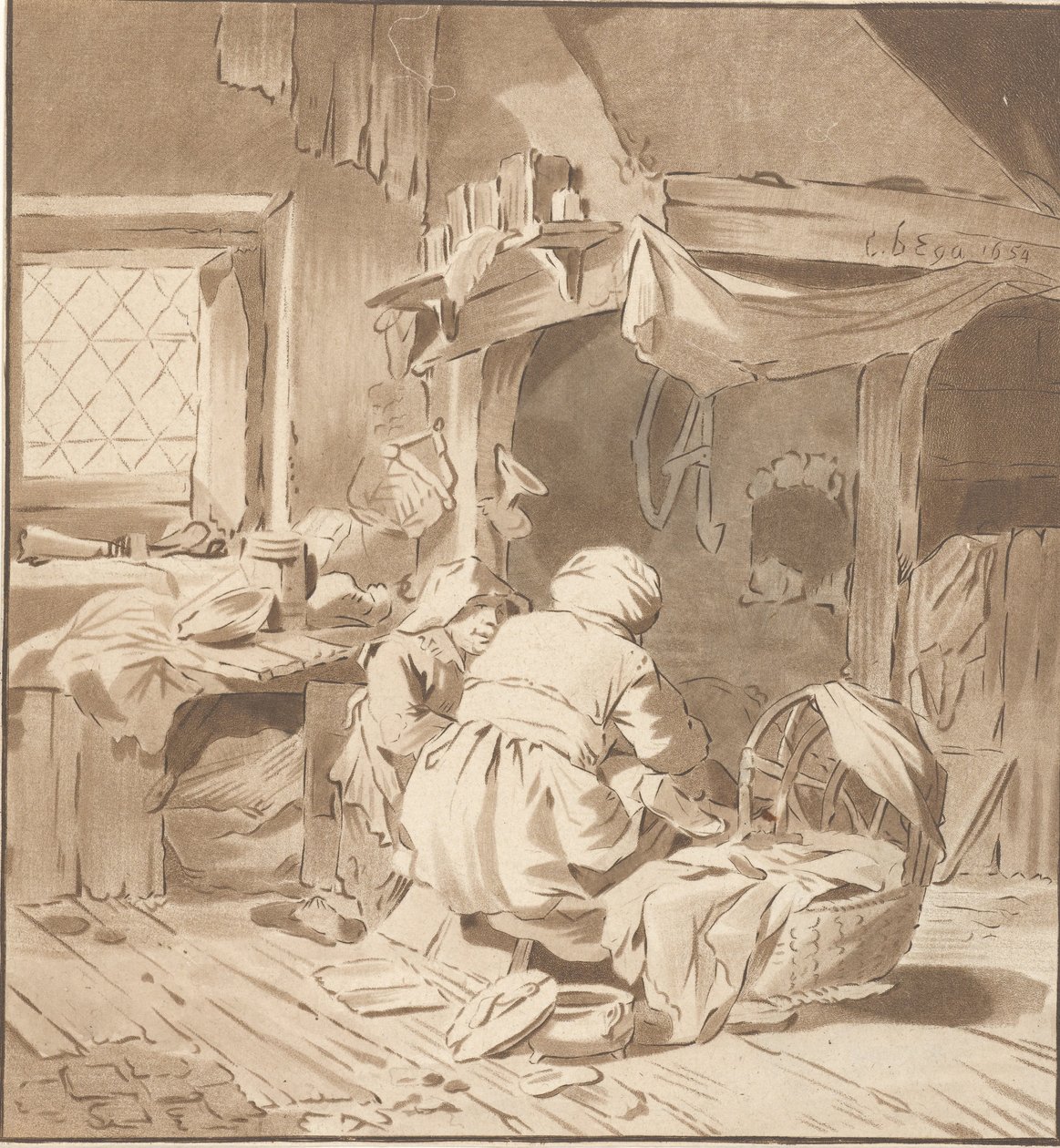 Intérieur paysan avec deux femmes - Cornelis Ploos van Amstel (signed by artist)