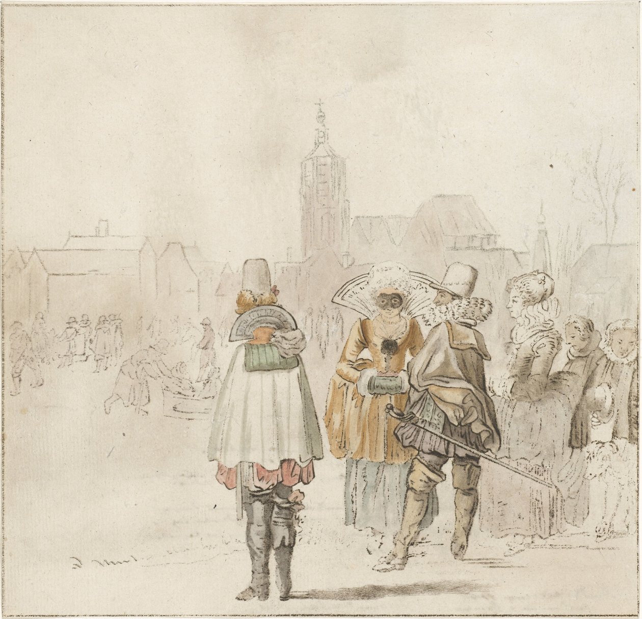 Compagnie élégante sur la glace - Cornelis Ploos van Amstel (signed by artist)