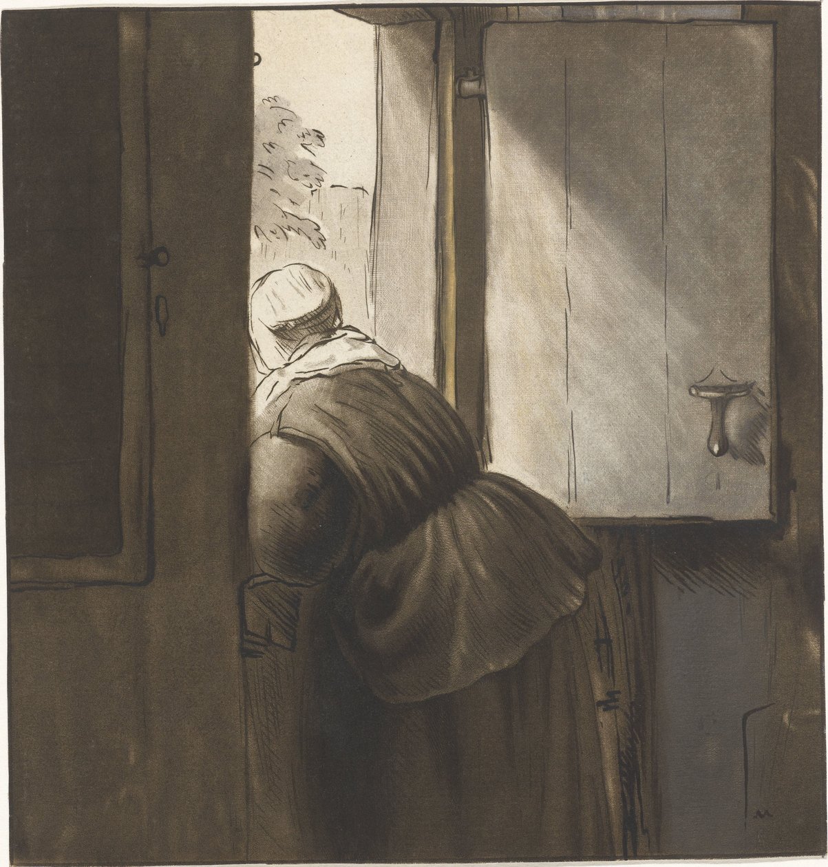 Femme appuyée sur une porte basse - Cornelis Ploos van Amstel (signed by artist)
