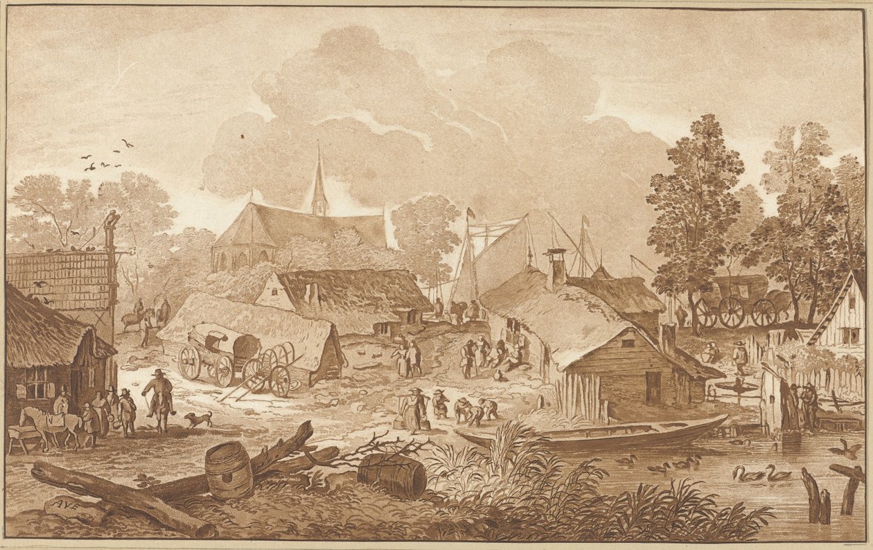 Paysage de village avec étang - Cornelis Ploos van Amstel