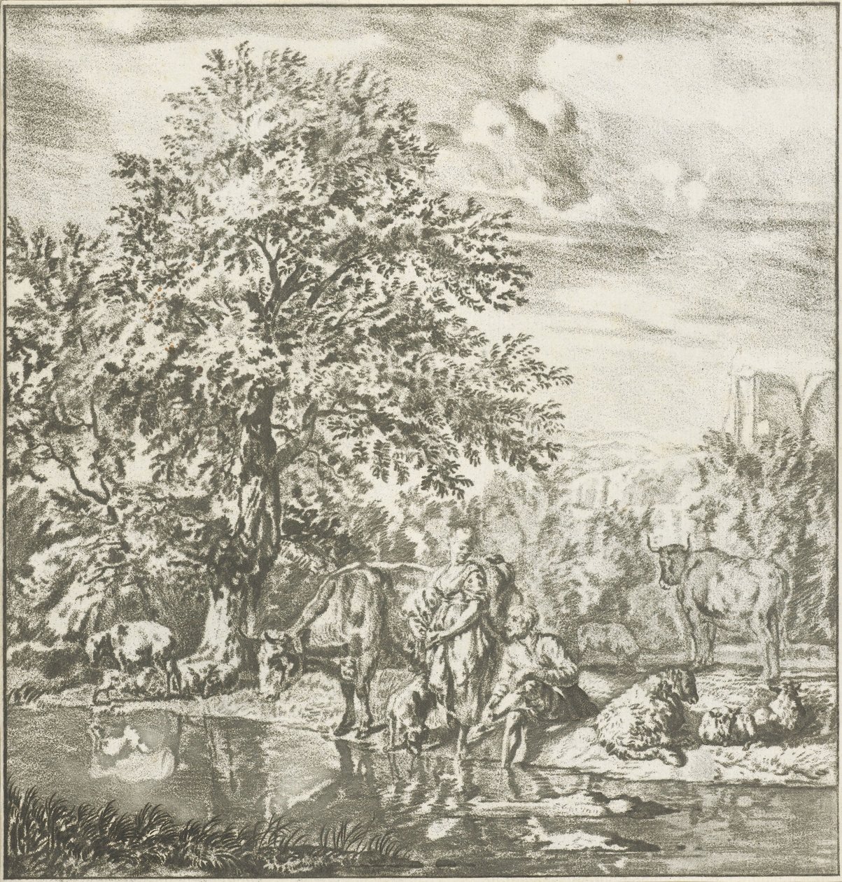 Berger et bergère avec troupeau près d