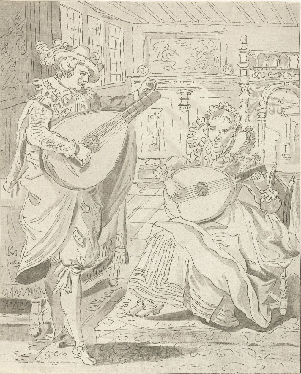 Homme et femme jouant du luth - Cornelis Ploos van Amstel