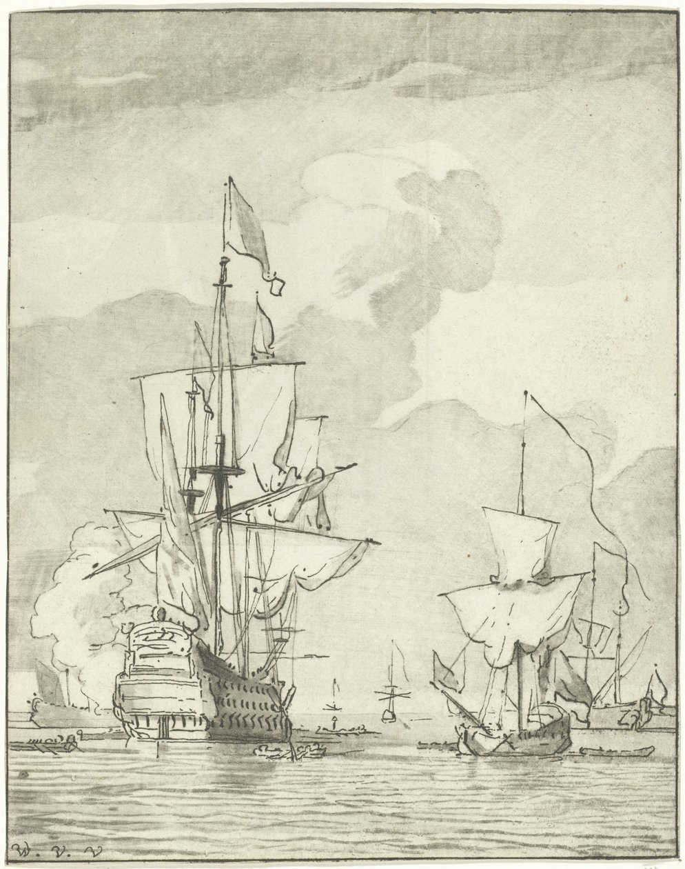 Navire de guerre tirant un coup de canon - Cornelis Ploos van Amstel