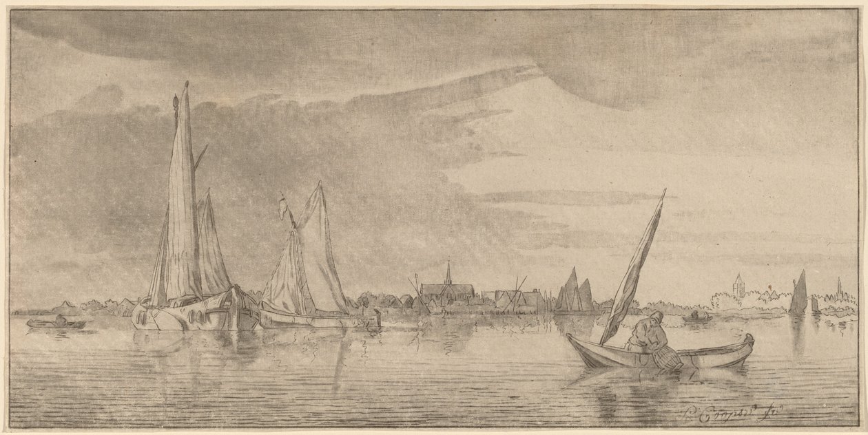 Rivière avec ville - Cornelis Ploos van Amstel