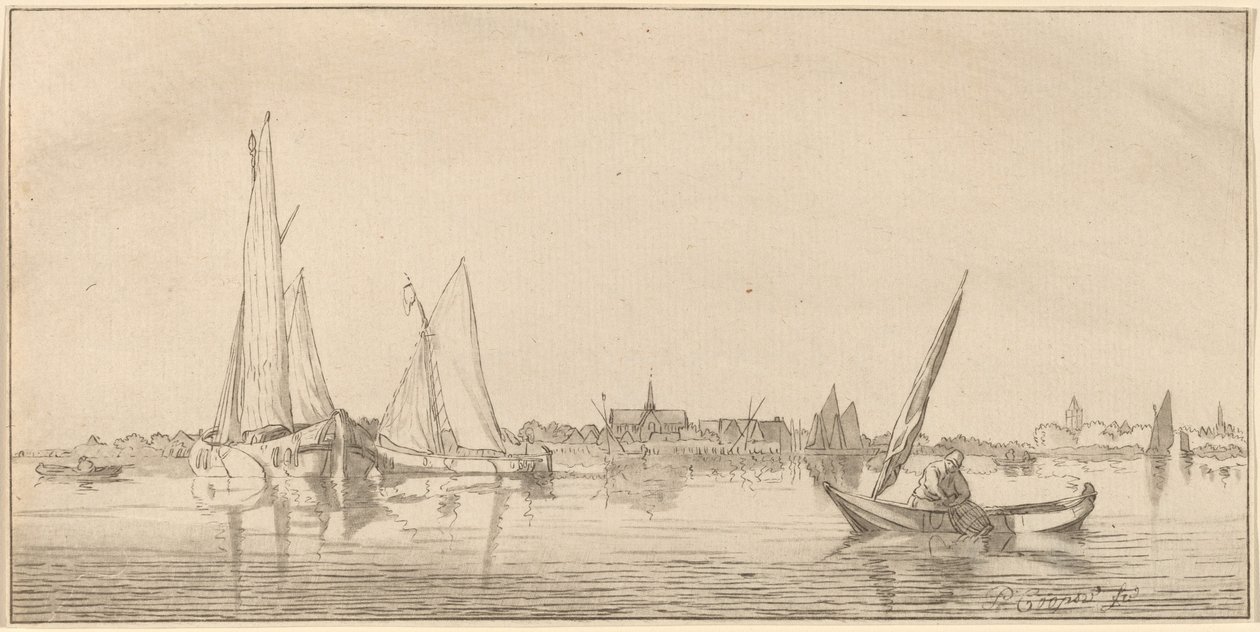 Rivière avec ville - Cornelis Ploos van Amstel