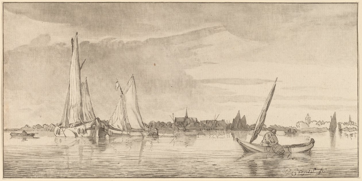 Rivière avec ville - Cornelis Ploos van Amstel