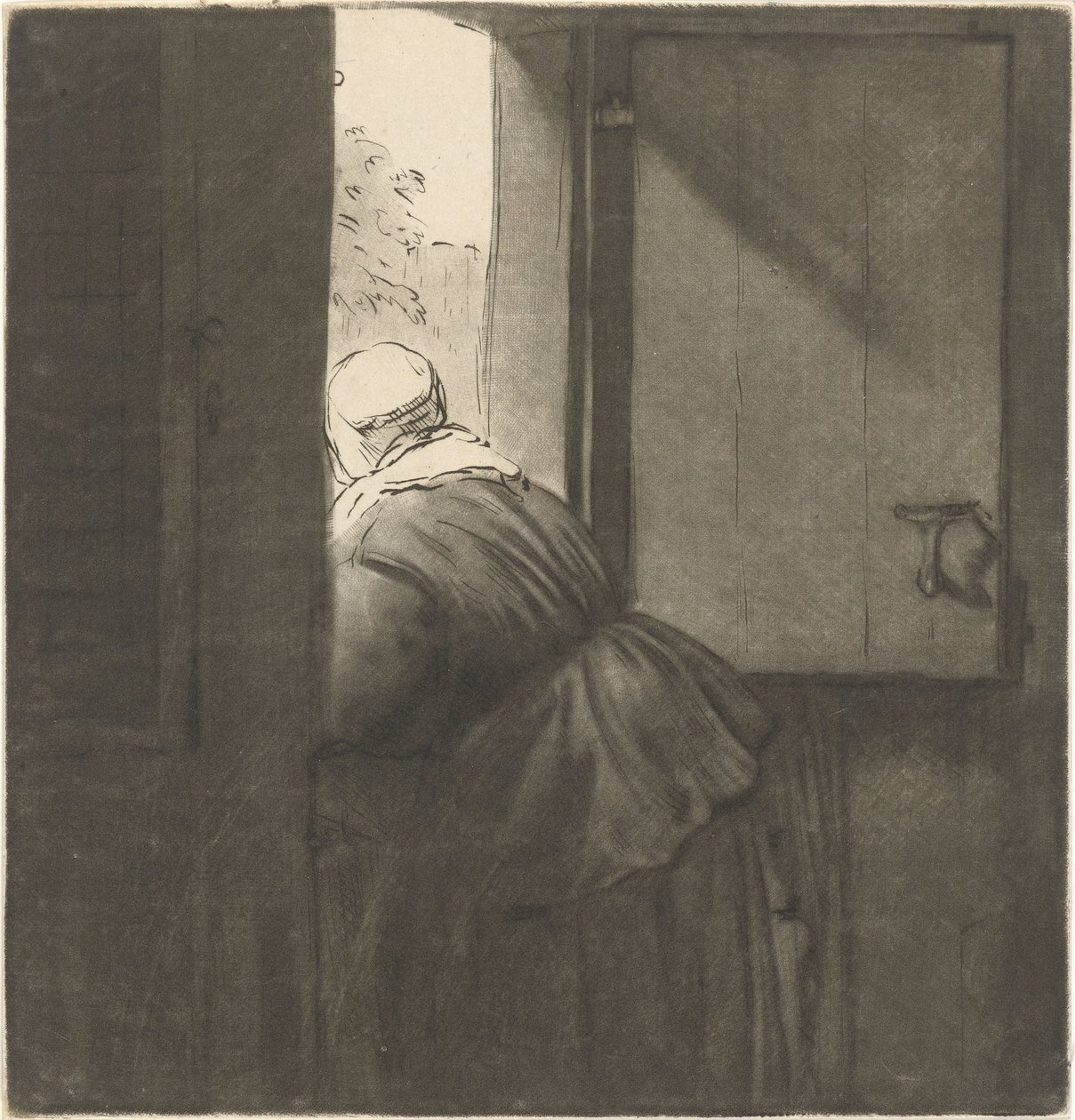 Femme appuyée sur une porte basse - Cornelis Ploos van Amstel