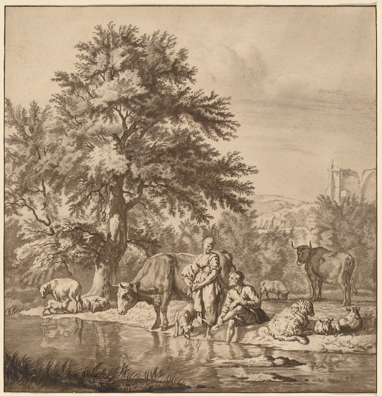 Berger et bergère avec leur troupeau - Cornelis Ploos van Amstel after Adriaen