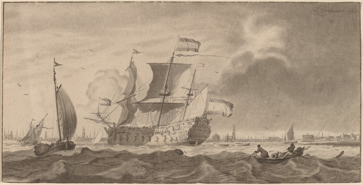 Navire de Guerre dans le Y - Cornelis Ploos van Amstel and Bernhard Schreuder, after Ludolf Backhuysen