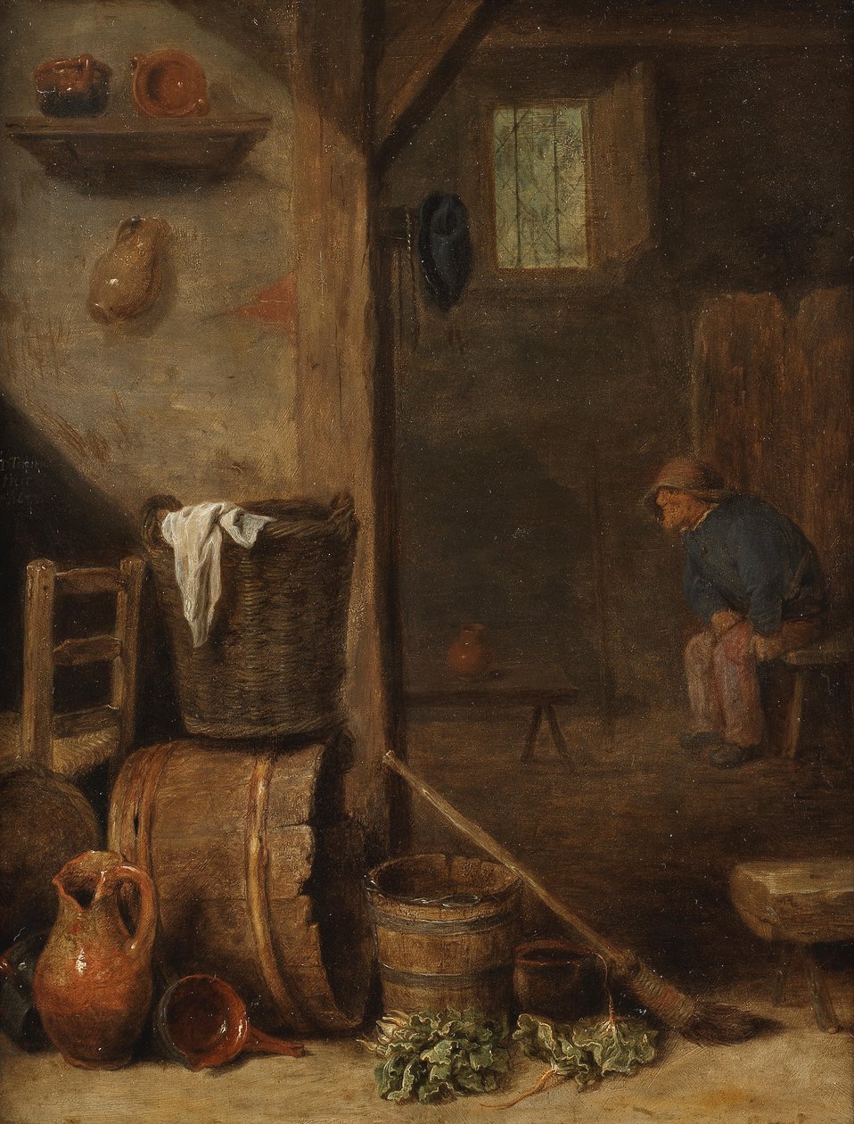 Un intérieur de cuisine avec un personnage assis dans la pièce adjacente - Cornelis Saftleven