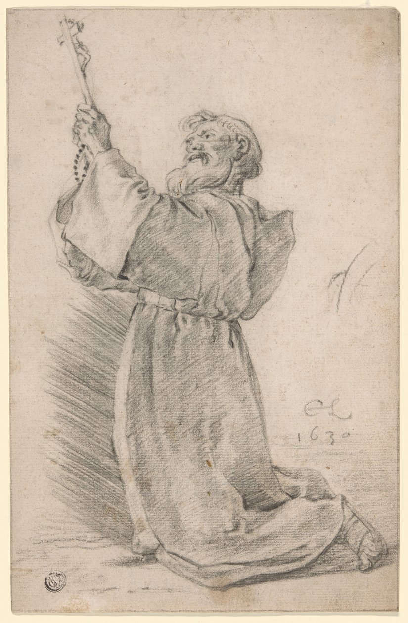 Moine agenouillé tenant un crucifix - Cornelis Saftleven